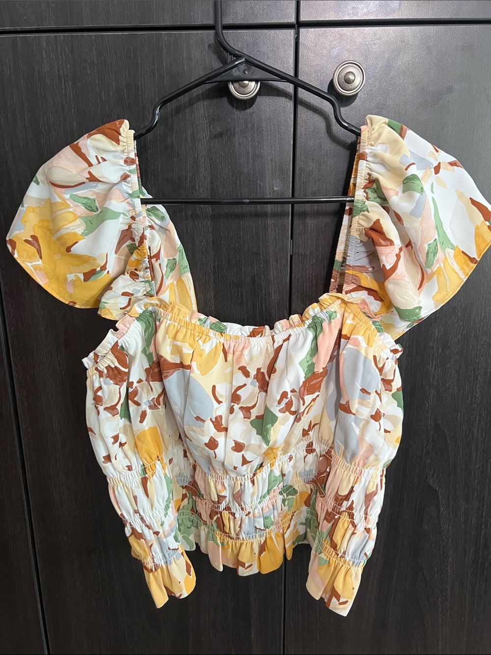 Abercrombie & Fitch Yellow Multi Smocked Puff-Sleeve Floral Top